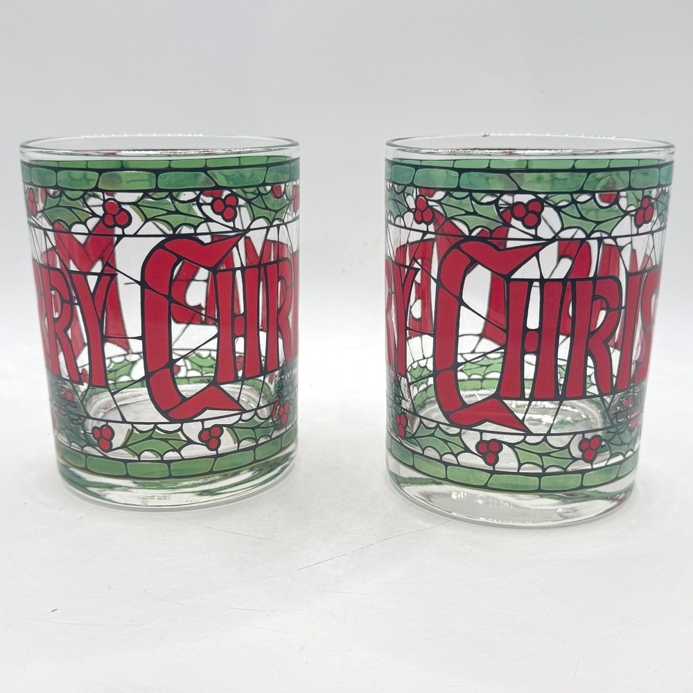 Vintage Merry Christmas Stained Glass Style Lowball Rocks Glasses Set of 2 Holly